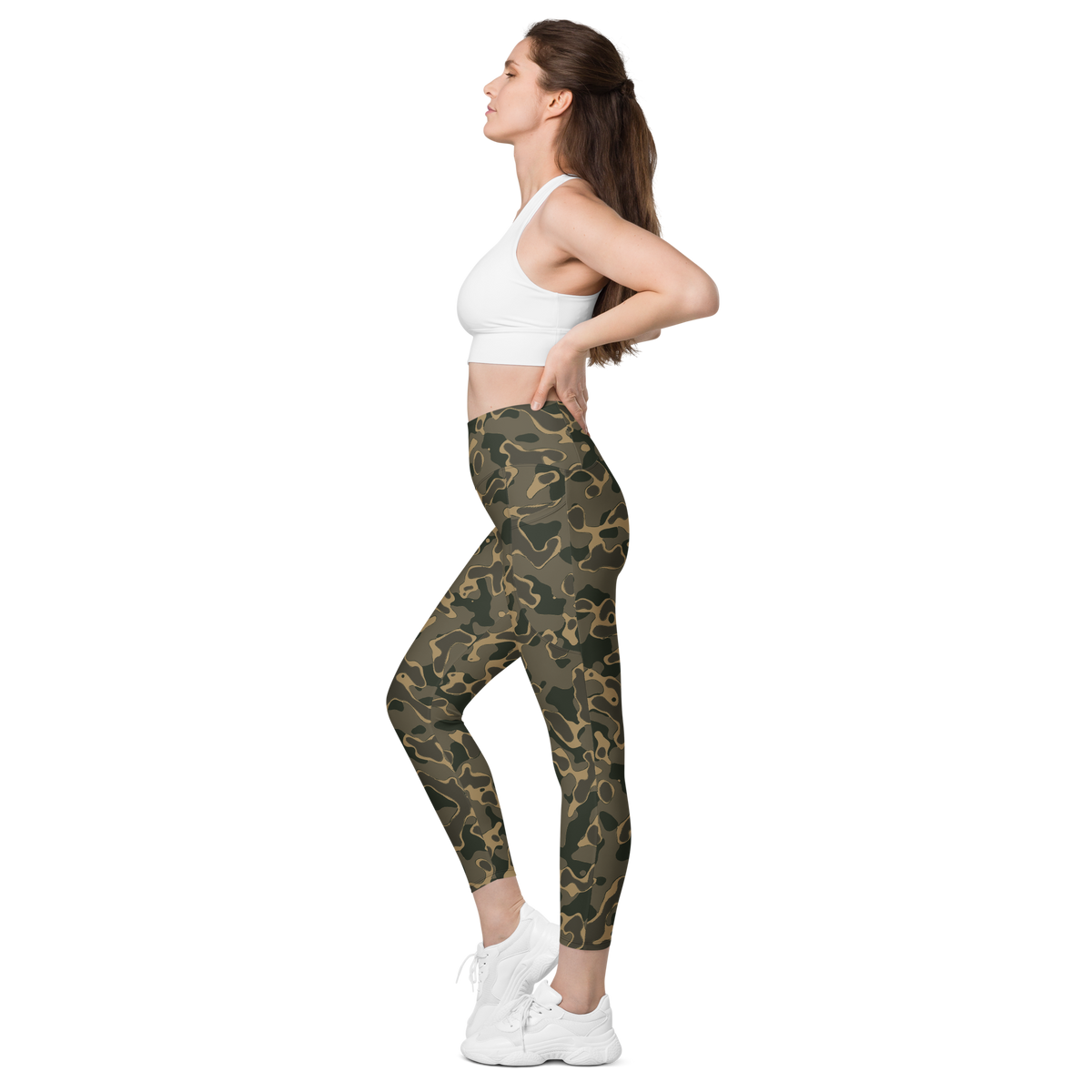 Copse Woodland high-waisted pocket leggings, pocket-in-use view.