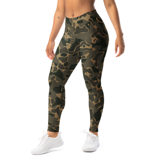 Copse Woodland mid-rise comfort leggings, left-front view.