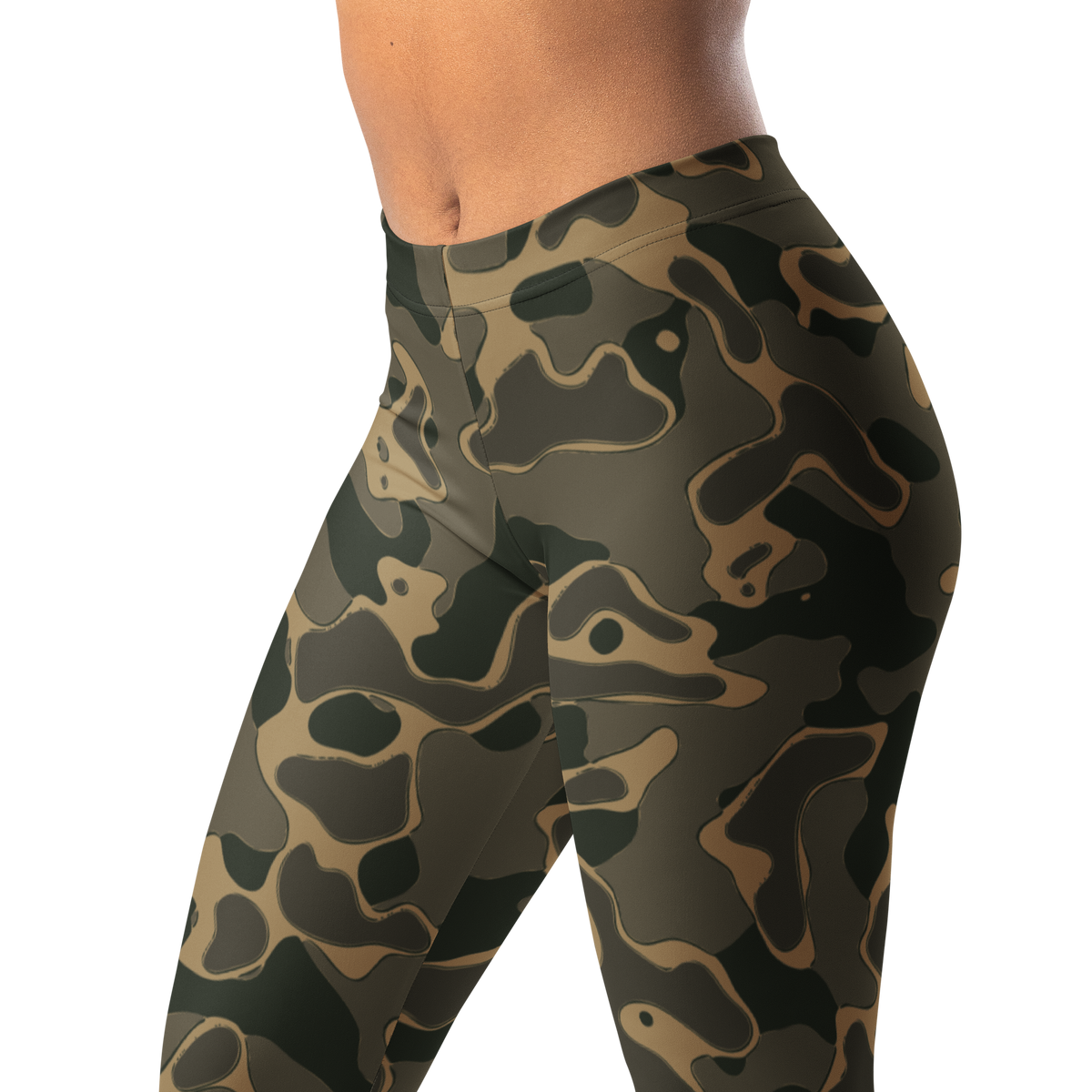 Copse Woodland mid-rise comfort leggings, waistband and pattern detail.