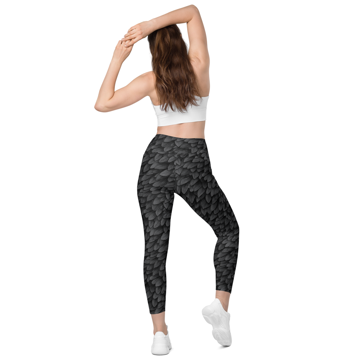 Corvid Greyscale high-waisted pocket leggings, back view.