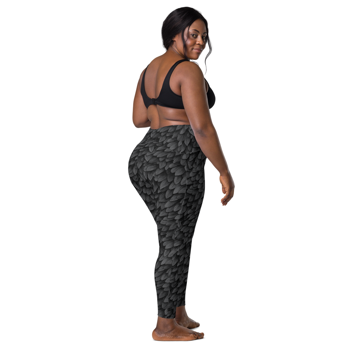 Corvid Greyscale high-waisted pocket leggings, larger-model back view.