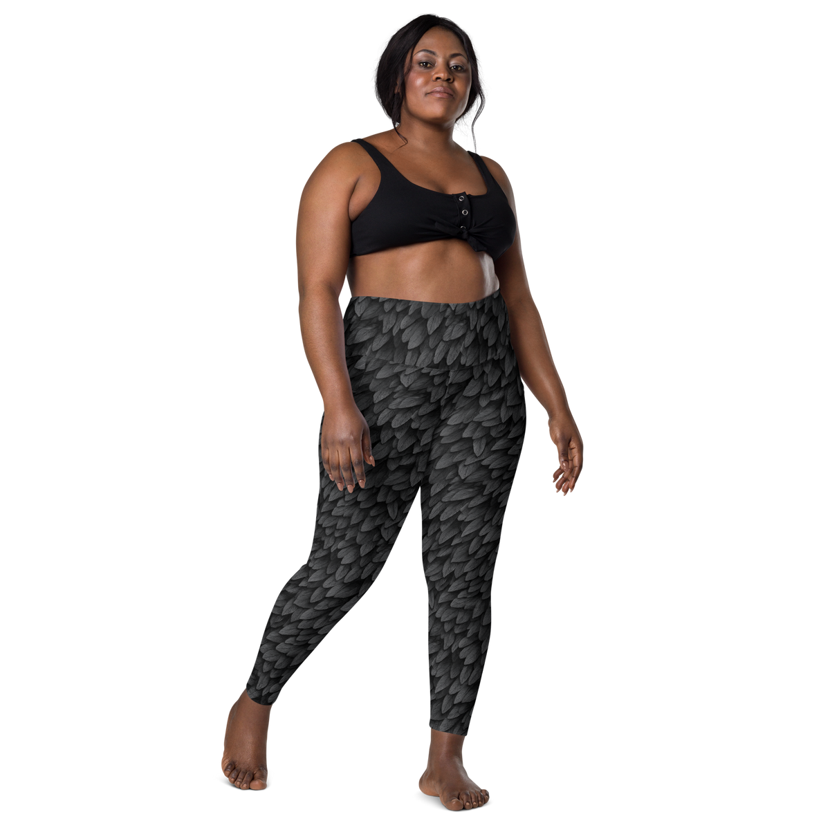 Corvid Greyscale high-waisted pocket leggings, larger-model front view.