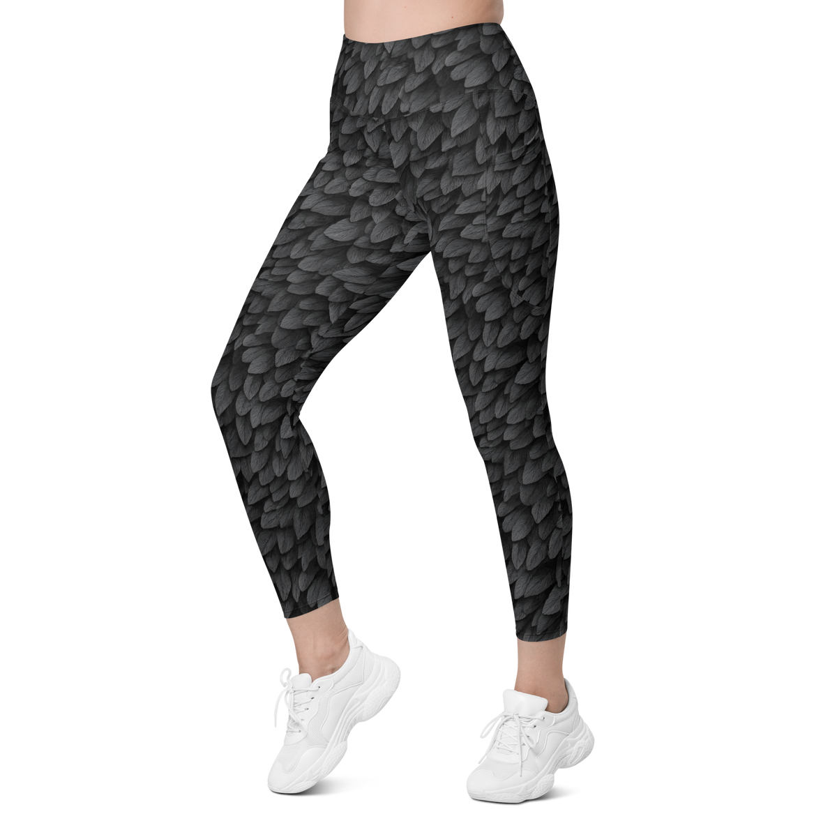Corvid Greyscale high-waisted pocket leggings, left-front view.