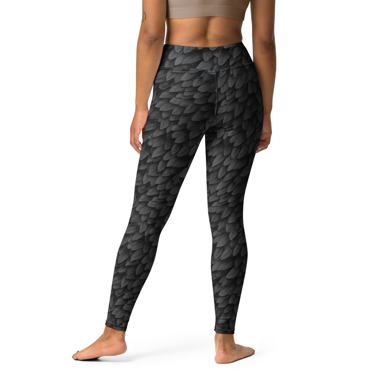Corvid Greyscale high-waisted yoga leggings, back view.