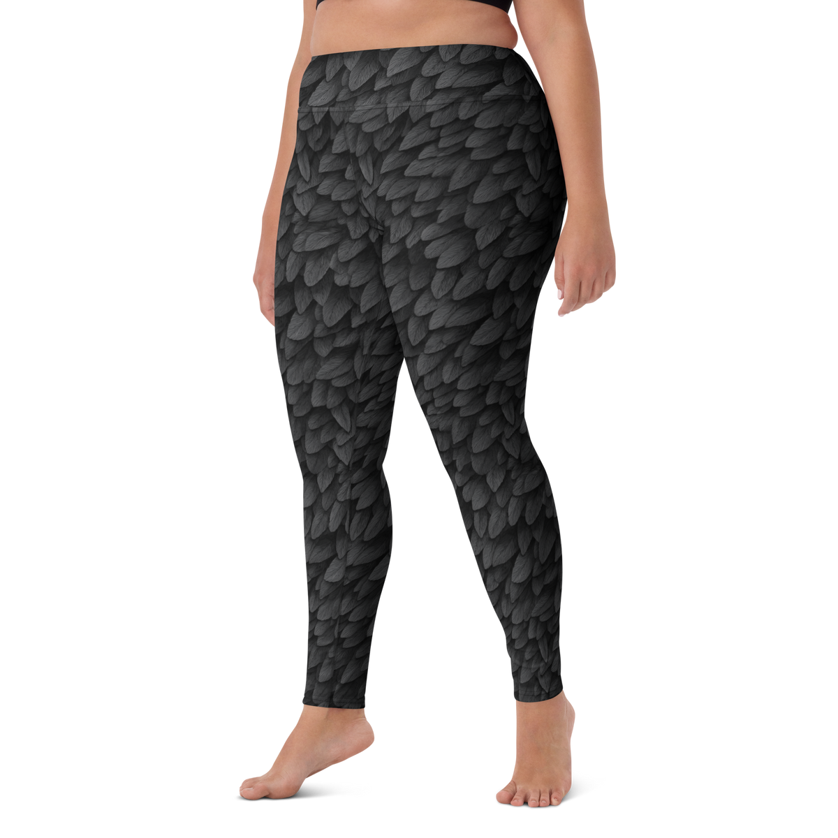 Corvid Greyscale high-waisted yoga leggings, larger-model left-front view.