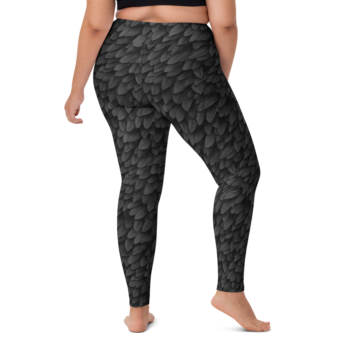 Corvid Greyscale high-waisted yoga leggings, larger-model right-back view.