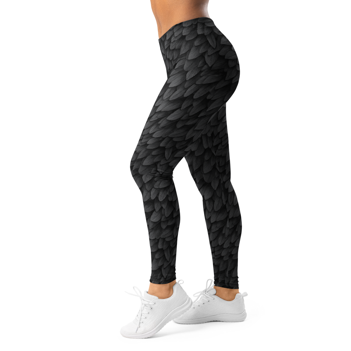Corvid Greyscale mid-rise comfort leggings, left-side view.