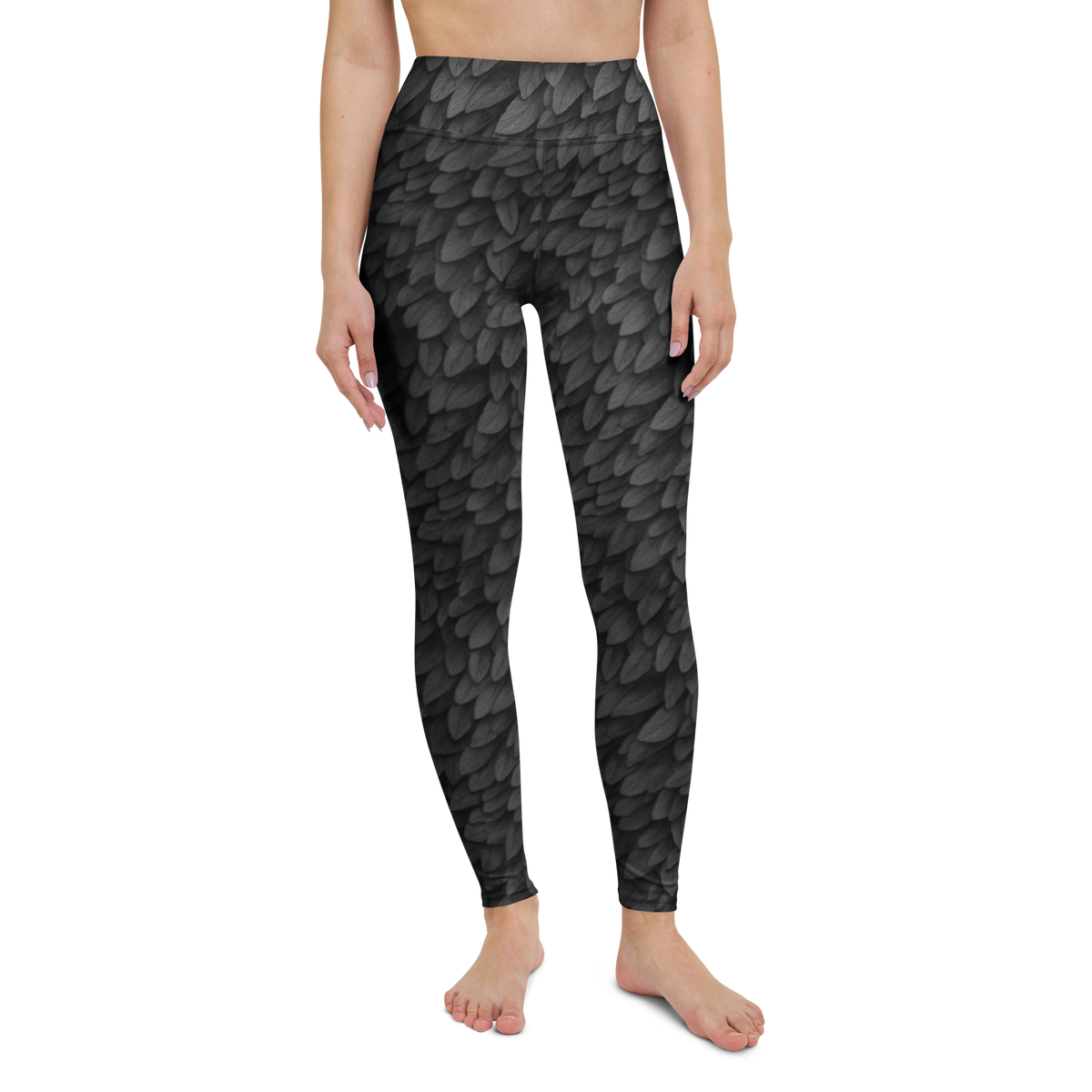 Corvid · Greyscale high-waisted yoga leggings, straight front view, barefoot.