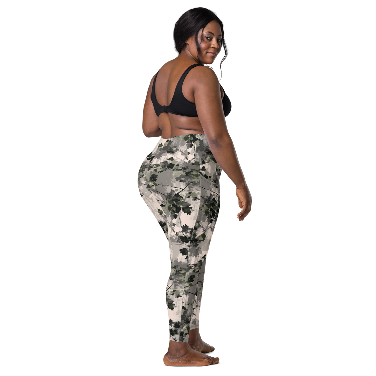 Detrita Original camouflage high-waisted pocket leggings, larger-model back view.