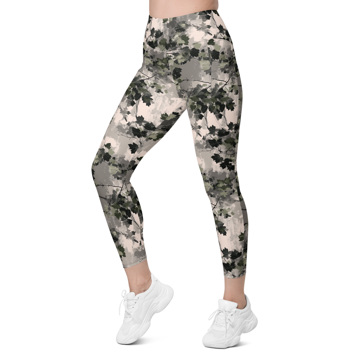Detrita Original camouflage high-waisted pocket leggings, left-front view.