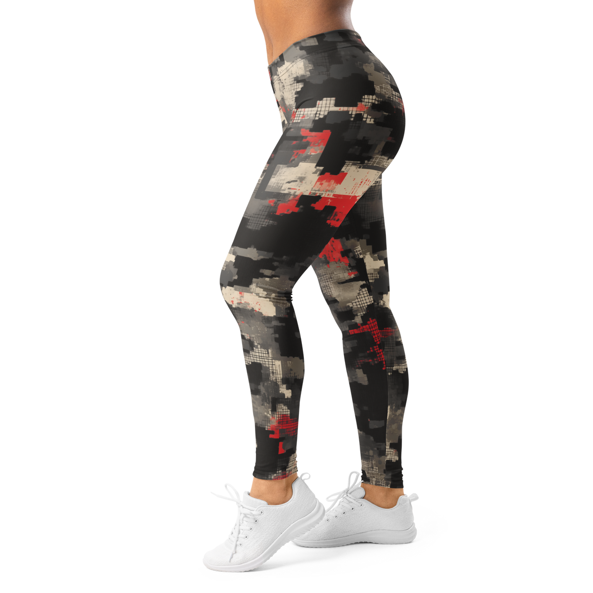 Glitchette Scarfhold Large-Scale camouflage mid-rise comfort leggings, left-side view.