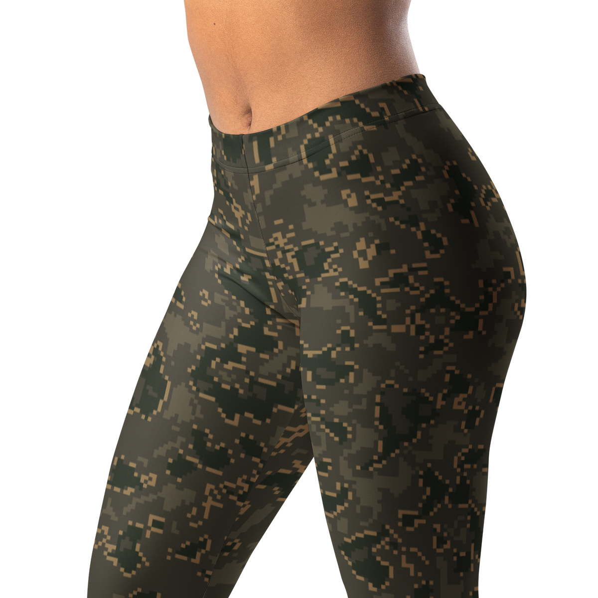 Digita Cellular Fracture Woodland mid-rise comfort leggings, waistband and pattern detail.