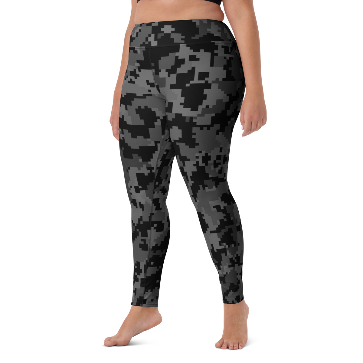 Digita Greyscale 1 camouflage high-waisted yoga leggings, larger-model left-front view.