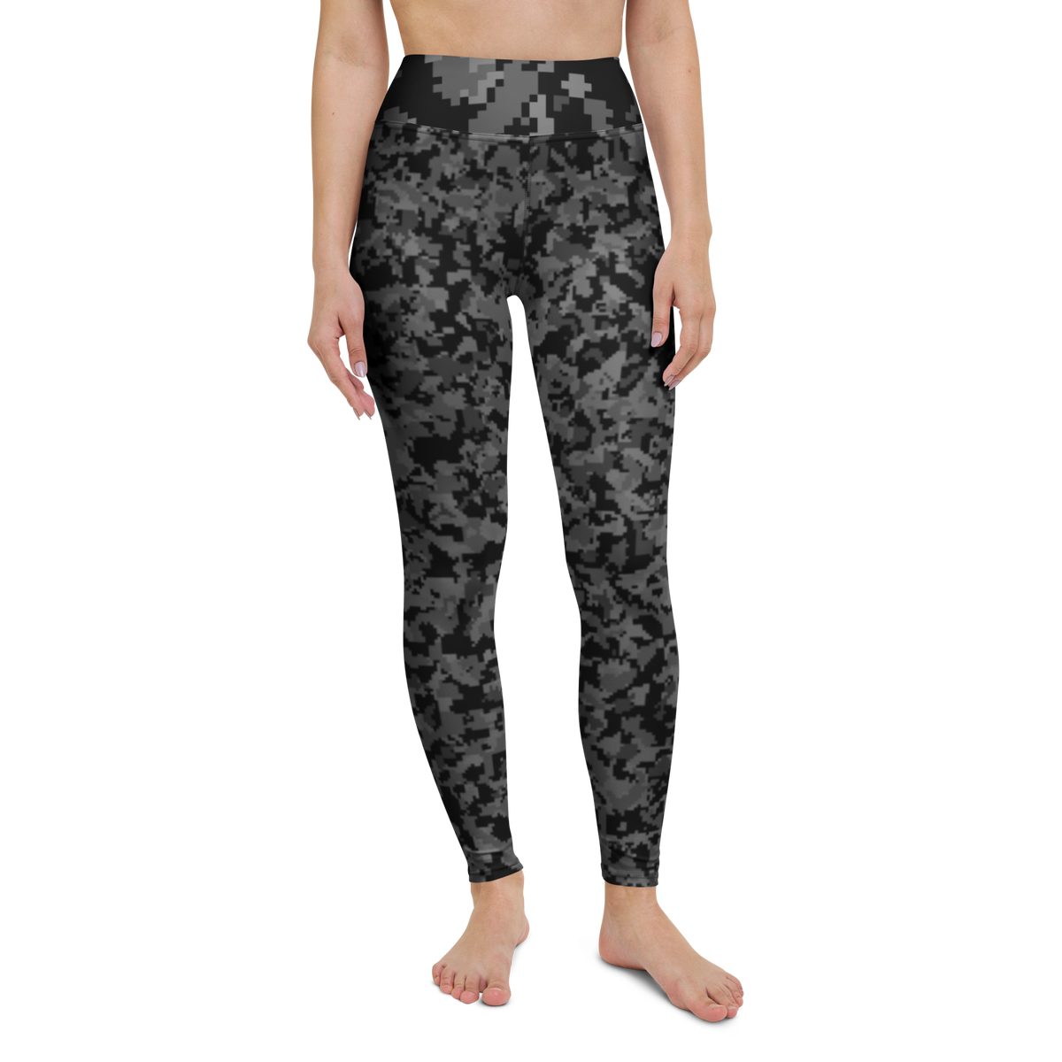 Digita · Greyscale · 1 high-waisted yoga leggings, straight front view, barefoot.