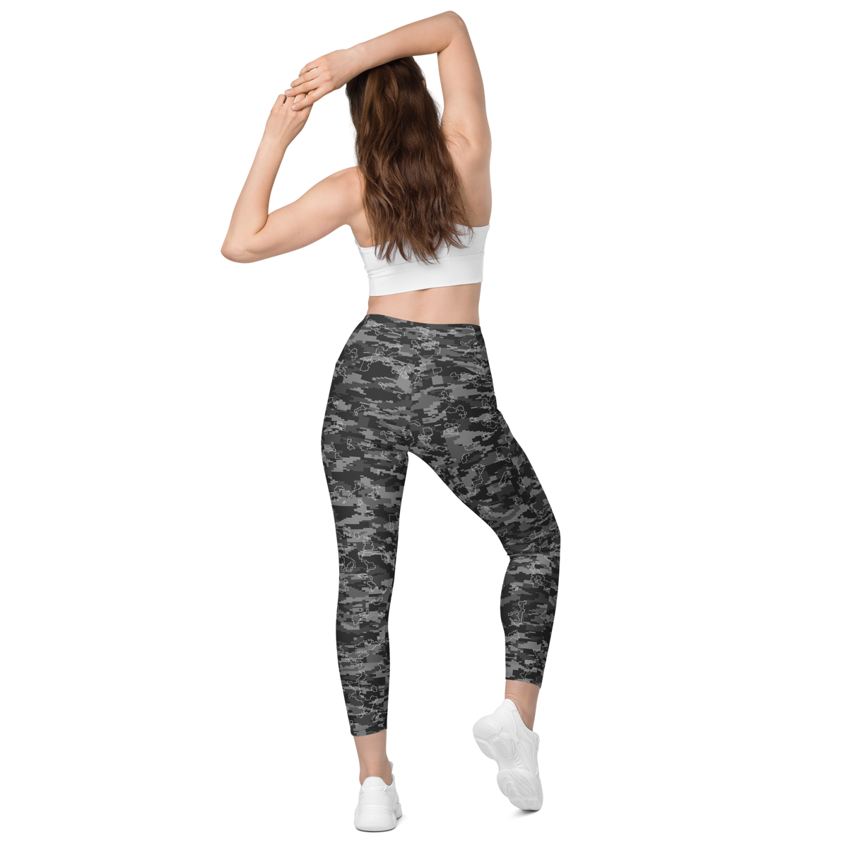 Digita Greyscale camouflage high-waisted pocket leggings, back view.