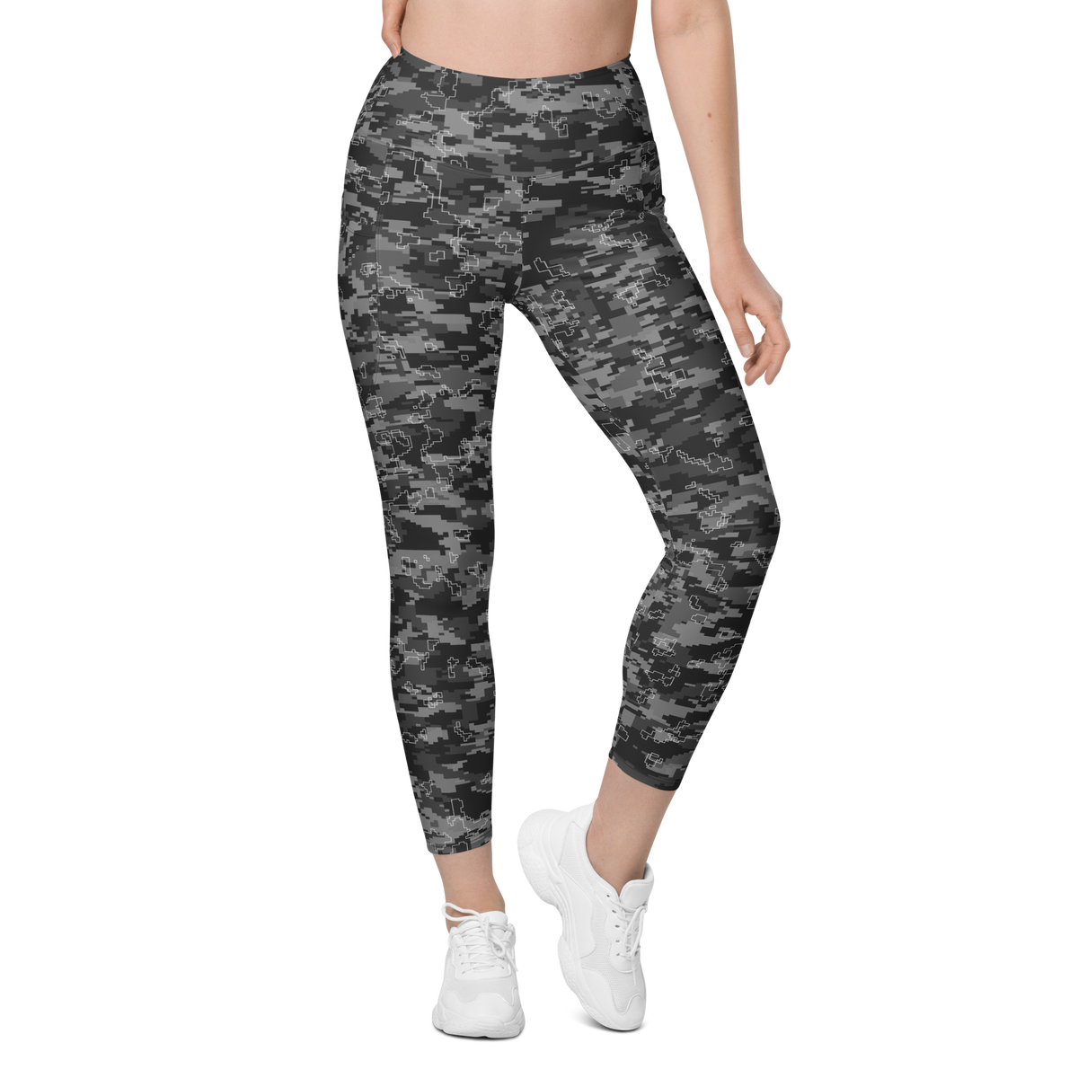Digita Greyscale camouflage high-waisted pocket leggings, front view.
