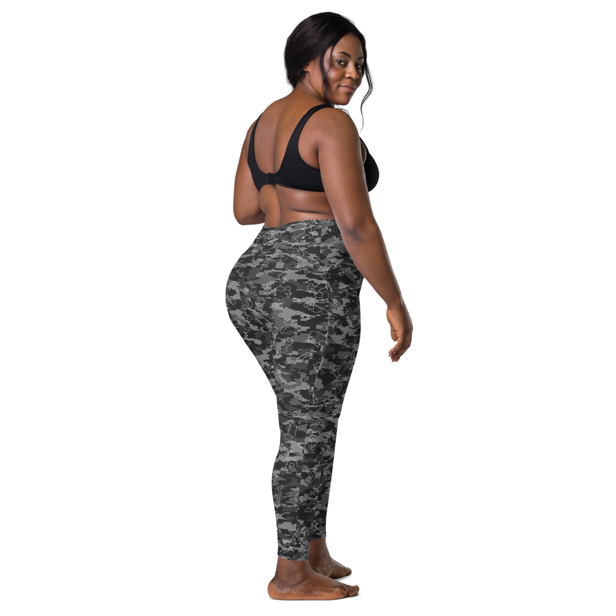 Digita Greyscale camouflage high-waisted pocket leggings, larger-model back view.