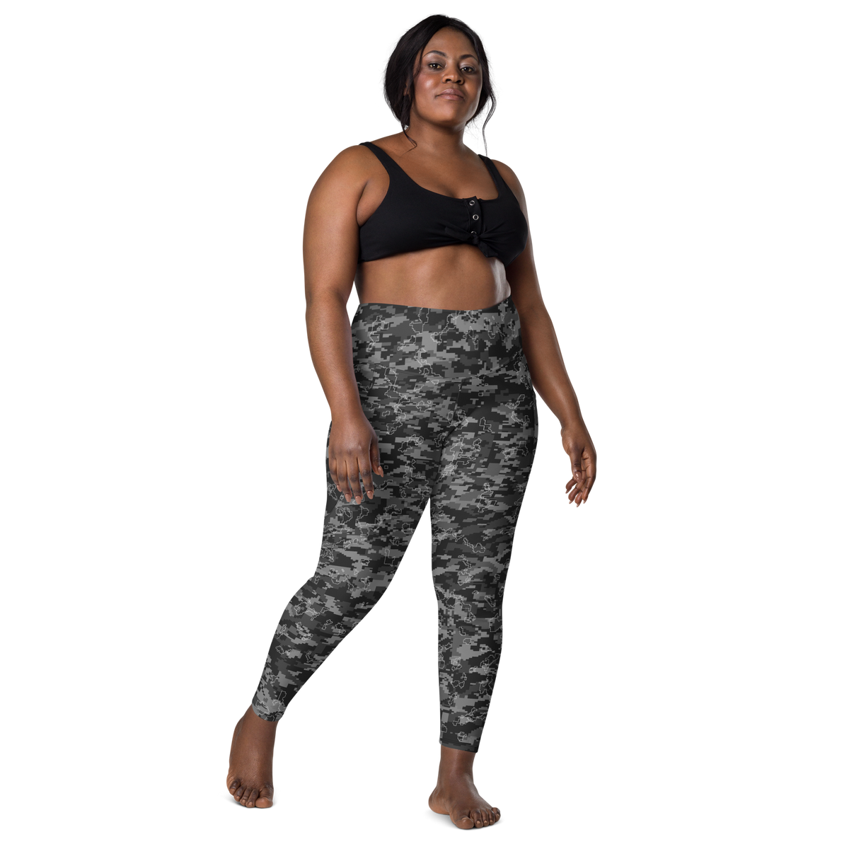 Digita Greyscale camouflage high-waisted pocket leggings, larger-model front view.
