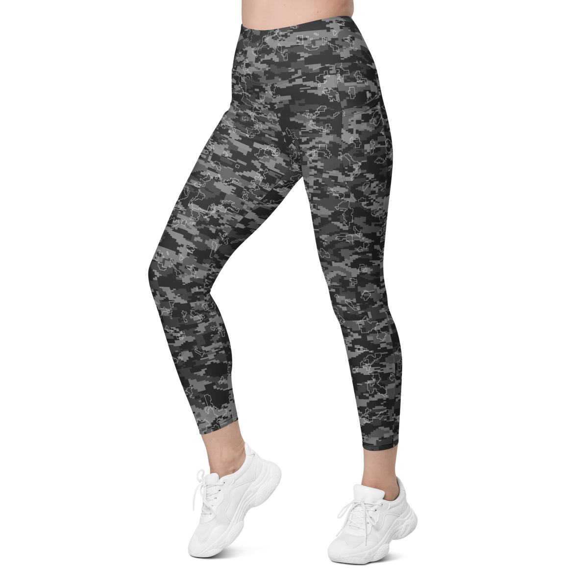 Digita Greyscale camouflage high-waisted pocket leggings, left-front view.