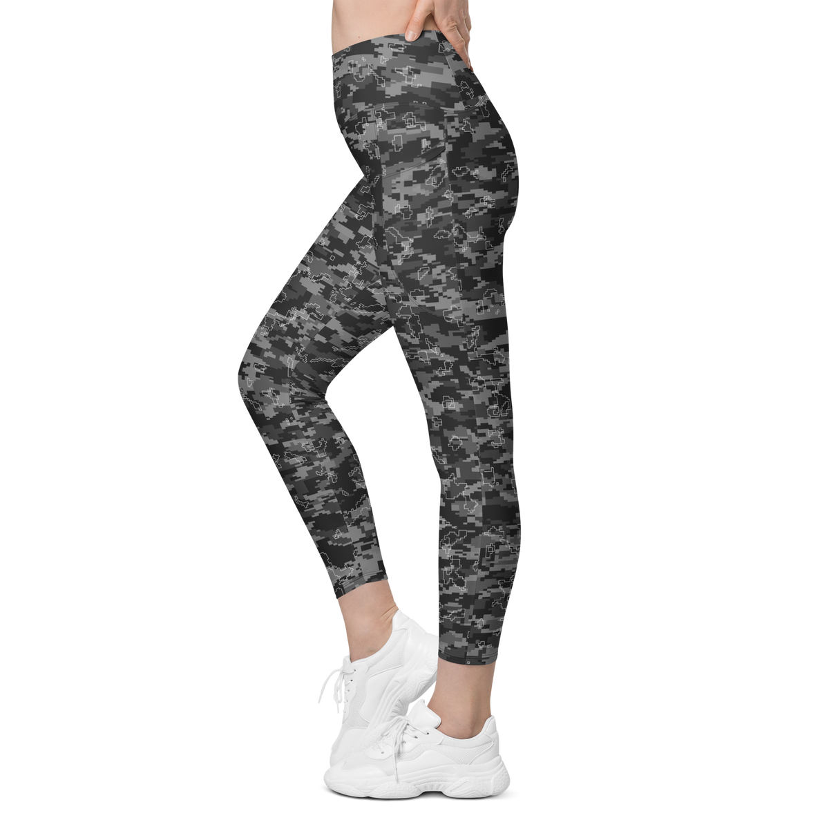 Digita Greyscale camouflage high-waisted pocket leggings, movement view.