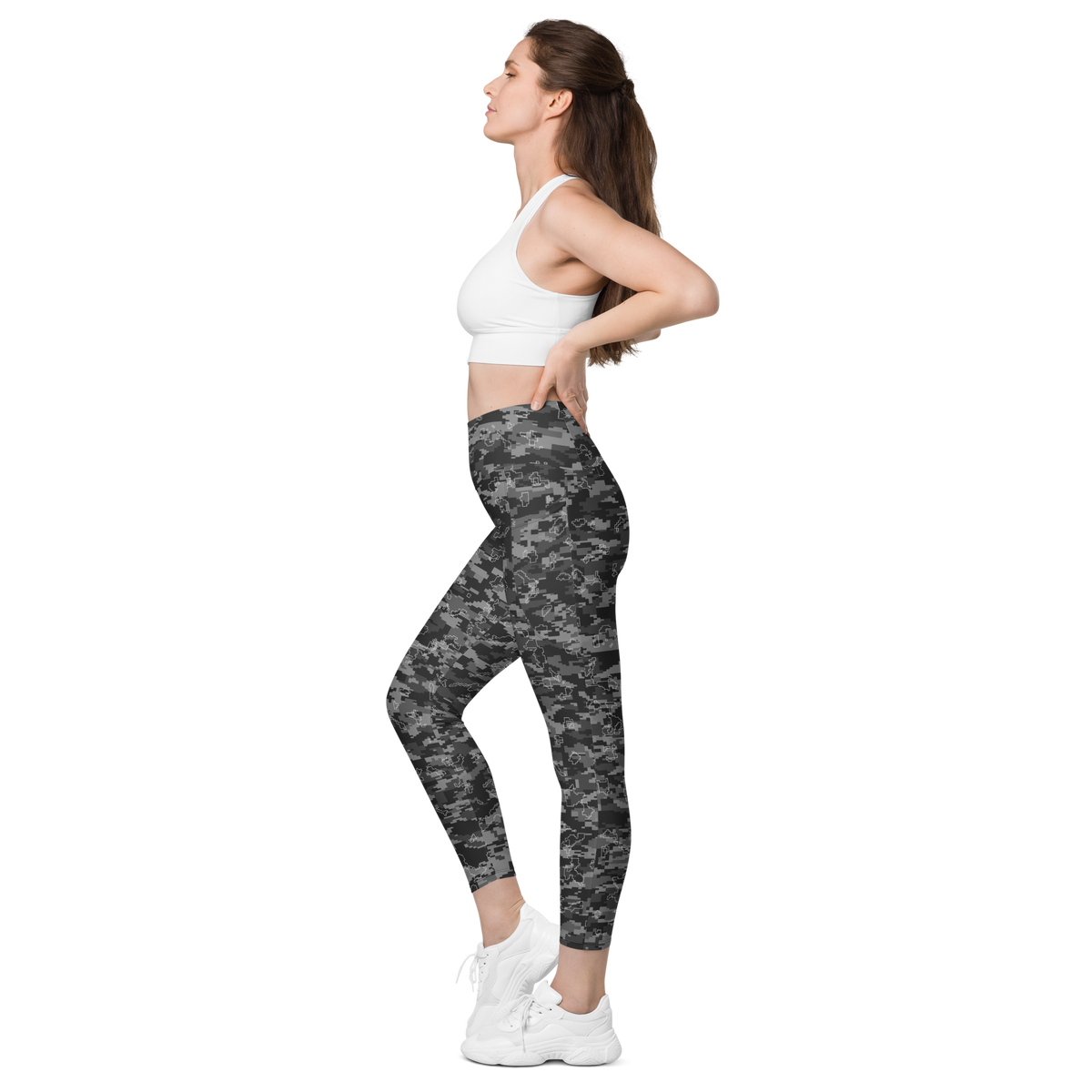 Digita Greyscale camouflage high-waisted pocket leggings, pocket-in-use view.