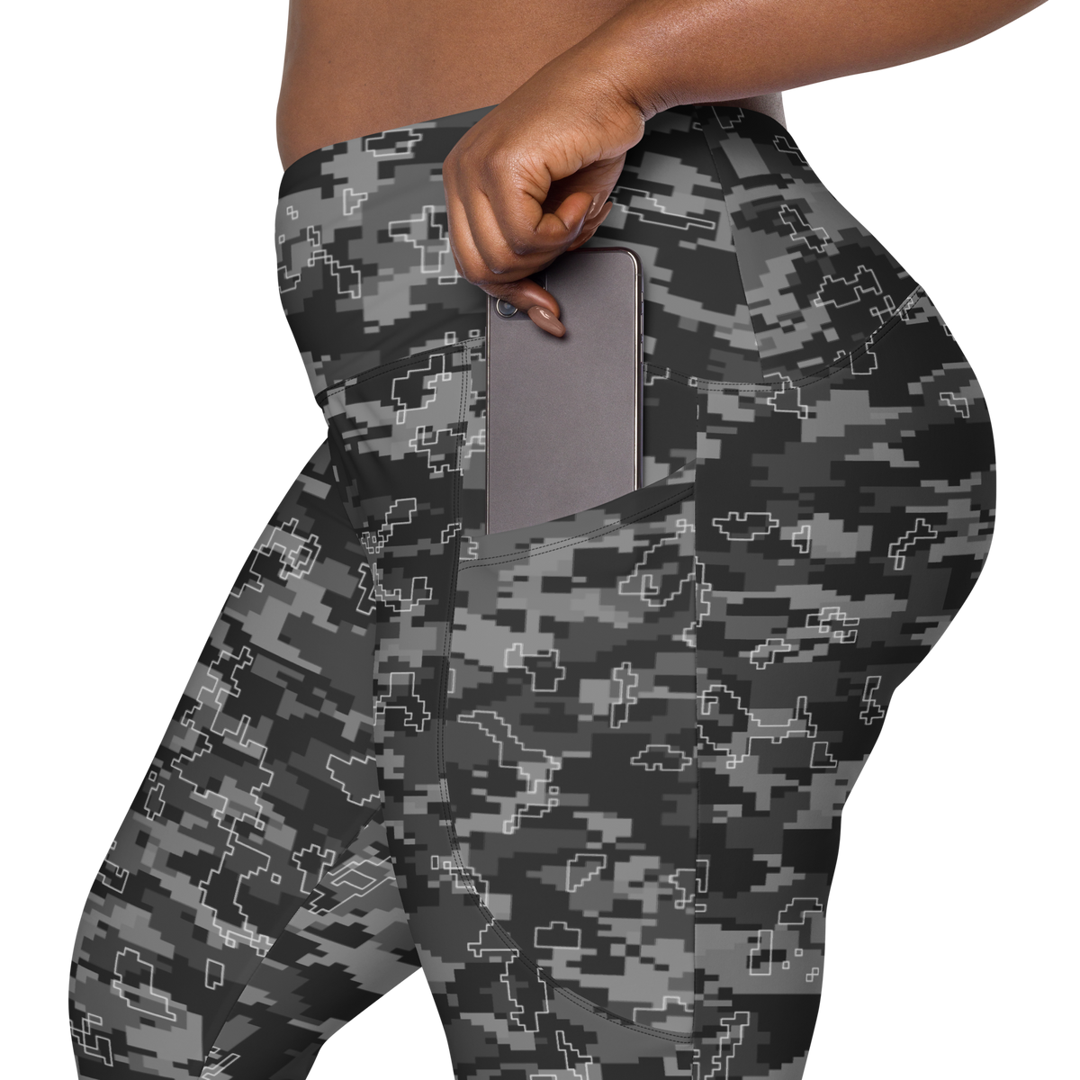 Digita Greyscale camouflage high-waisted pocket leggings, rear pocket detail.