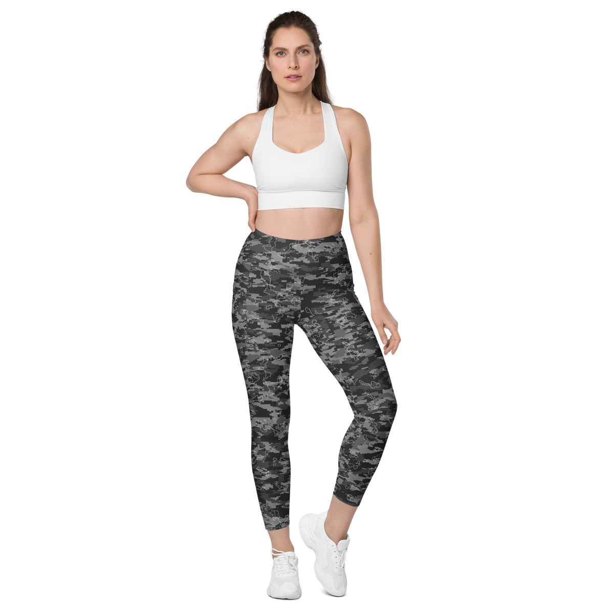 Digita Greyscale camouflage high-waisted pocket leggings, straight-front view.