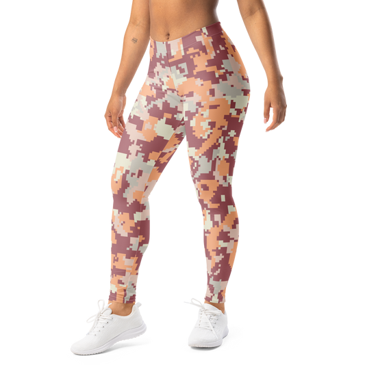 Digita Peach Harmony camouflage mid-rise comfort leggings, left-front view.