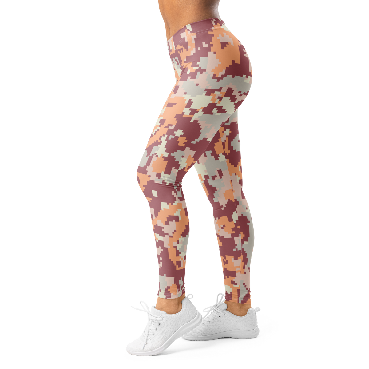 Digita Peach Harmony camouflage mid-rise comfort leggings, left-side view.