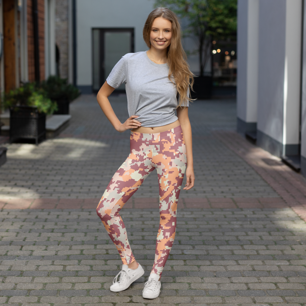 Digita Peach Harmony camouflage mid-rise comfort leggings, lifestyle front view.
