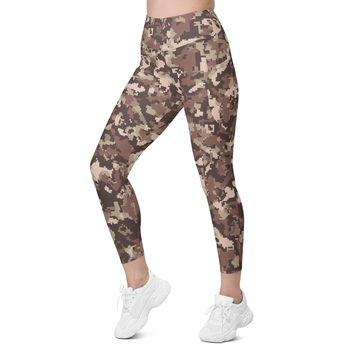 Digita Relaxed Elegance camouflage high-waisted pocket leggings, left-front view.