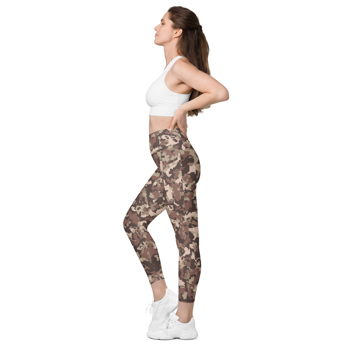 Digita Relaxed Elegance camouflage high-waisted pocket leggings, pocket-in-use view.