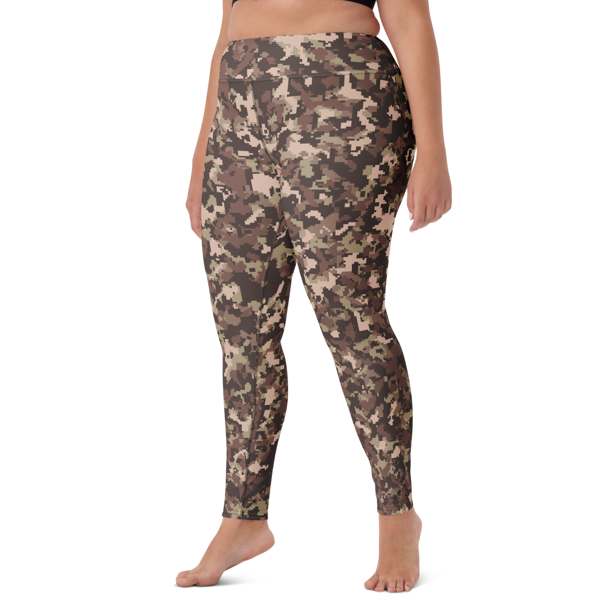 Digita Relaxed Elegance camouflage high-waisted yoga leggings, larger-model left-front view.