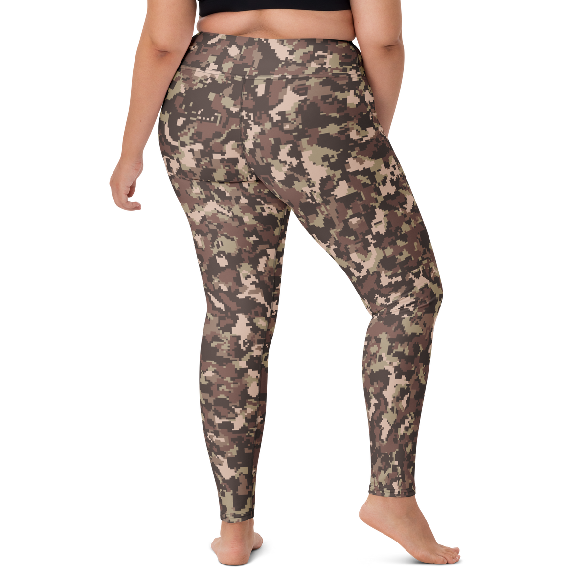 Digita Relaxed Elegance camouflage high-waisted yoga leggings, larger-model right-back view.