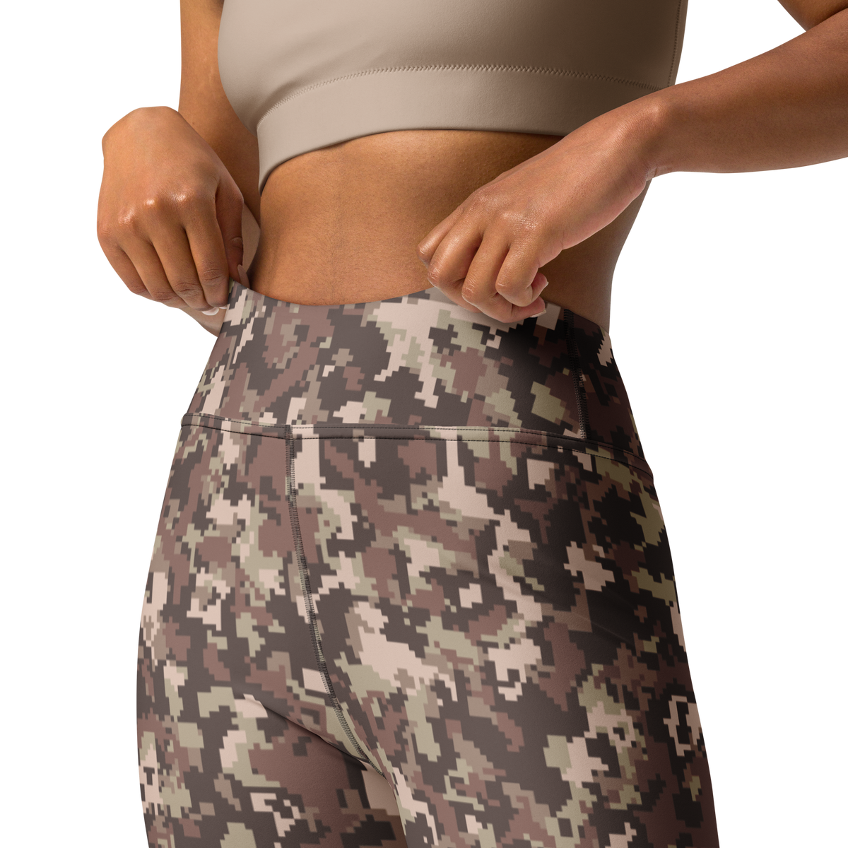Digita Relaxed Elegance camouflage high-waisted yoga leggings, waistband and construction detail.