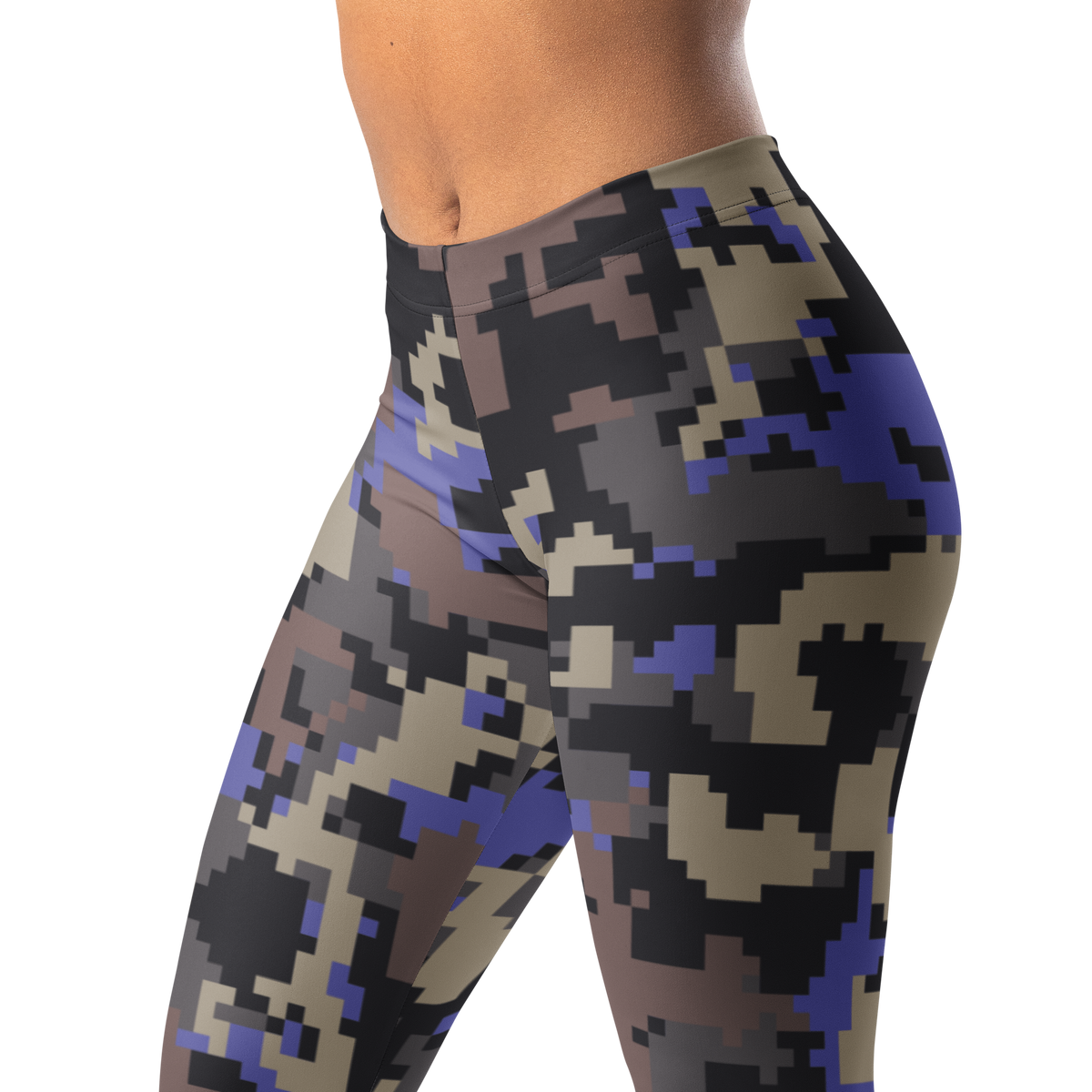 Digita Very Peri 1 camouflage mid-rise comfort leggings, waistband and pattern detail.