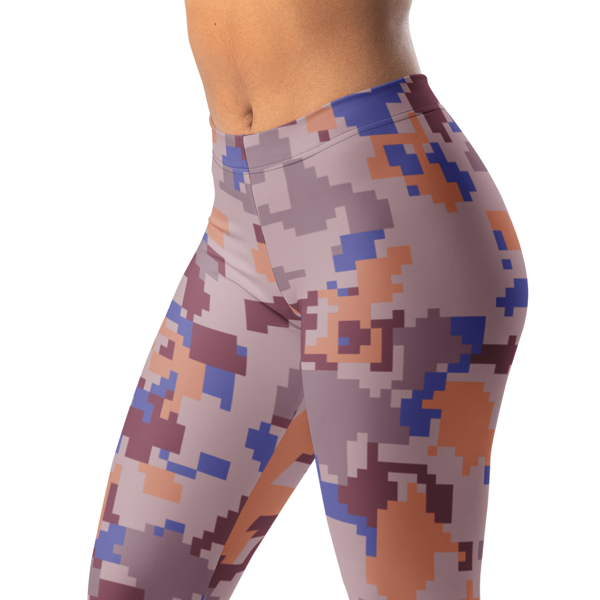 Digita Very Peri 3 camouflage mid-rise comfort leggings, waistband and pattern detail.