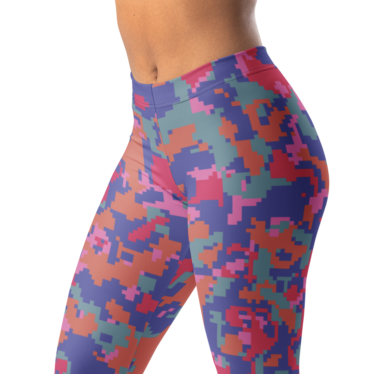 Digita Very Peri 4 camouflage mid-rise comfort leggings, waistband and pattern detail.