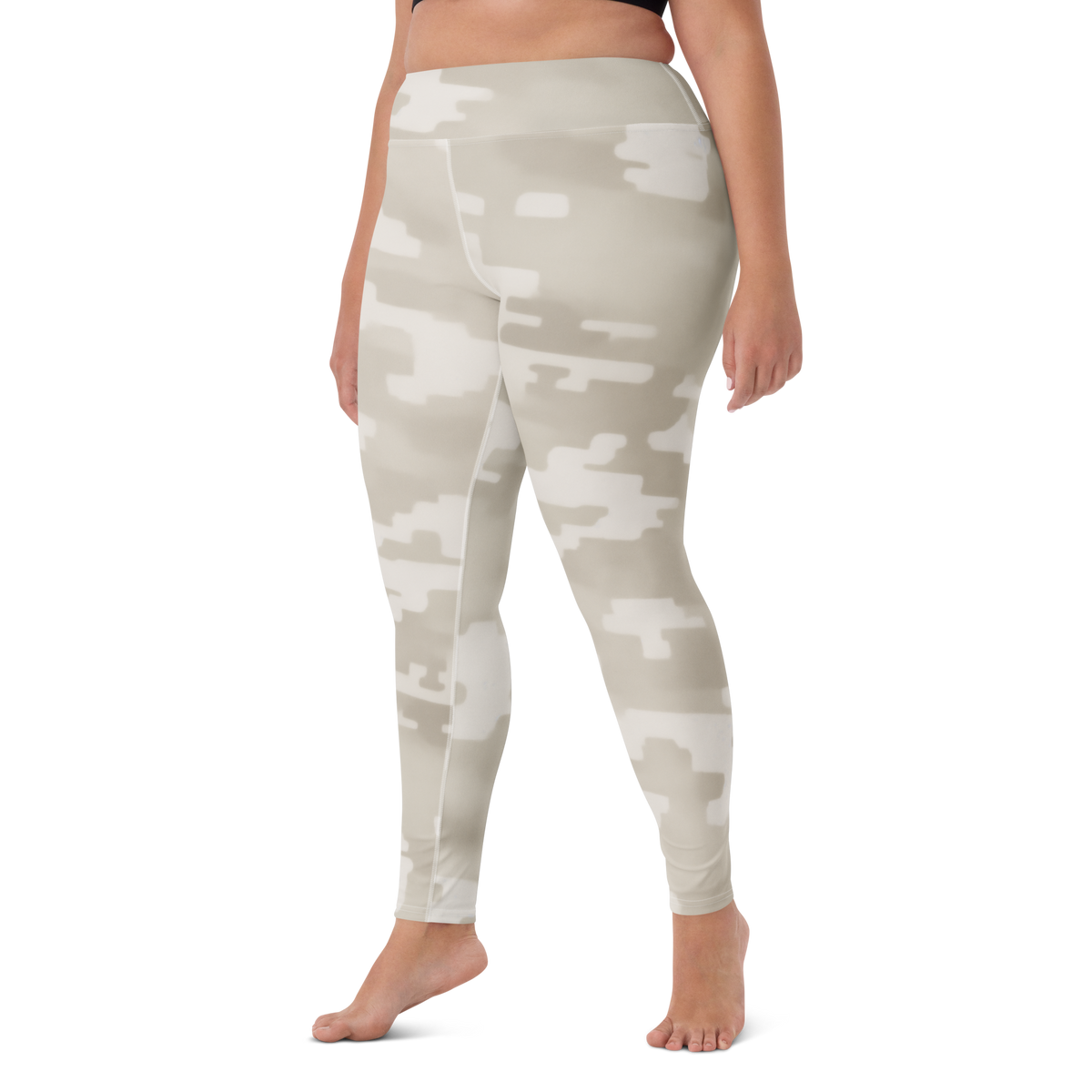 Digosta Beige camouflage high-waisted yoga leggings, larger-model left-front view.