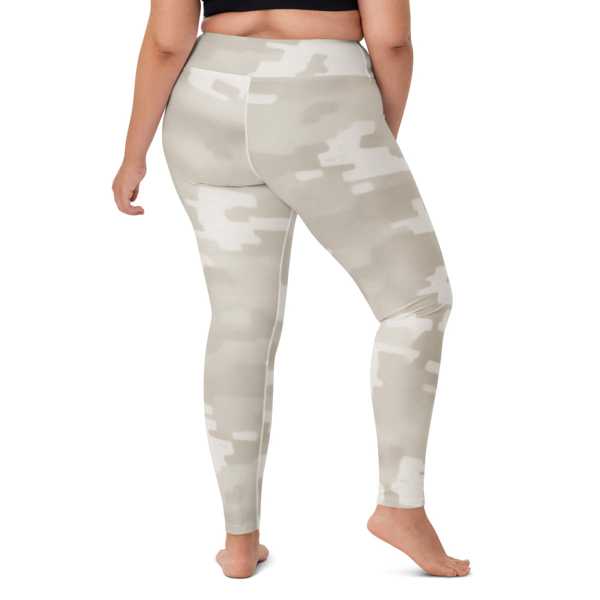Digosta Beige camouflage high-waisted yoga leggings, larger-model right-back view.