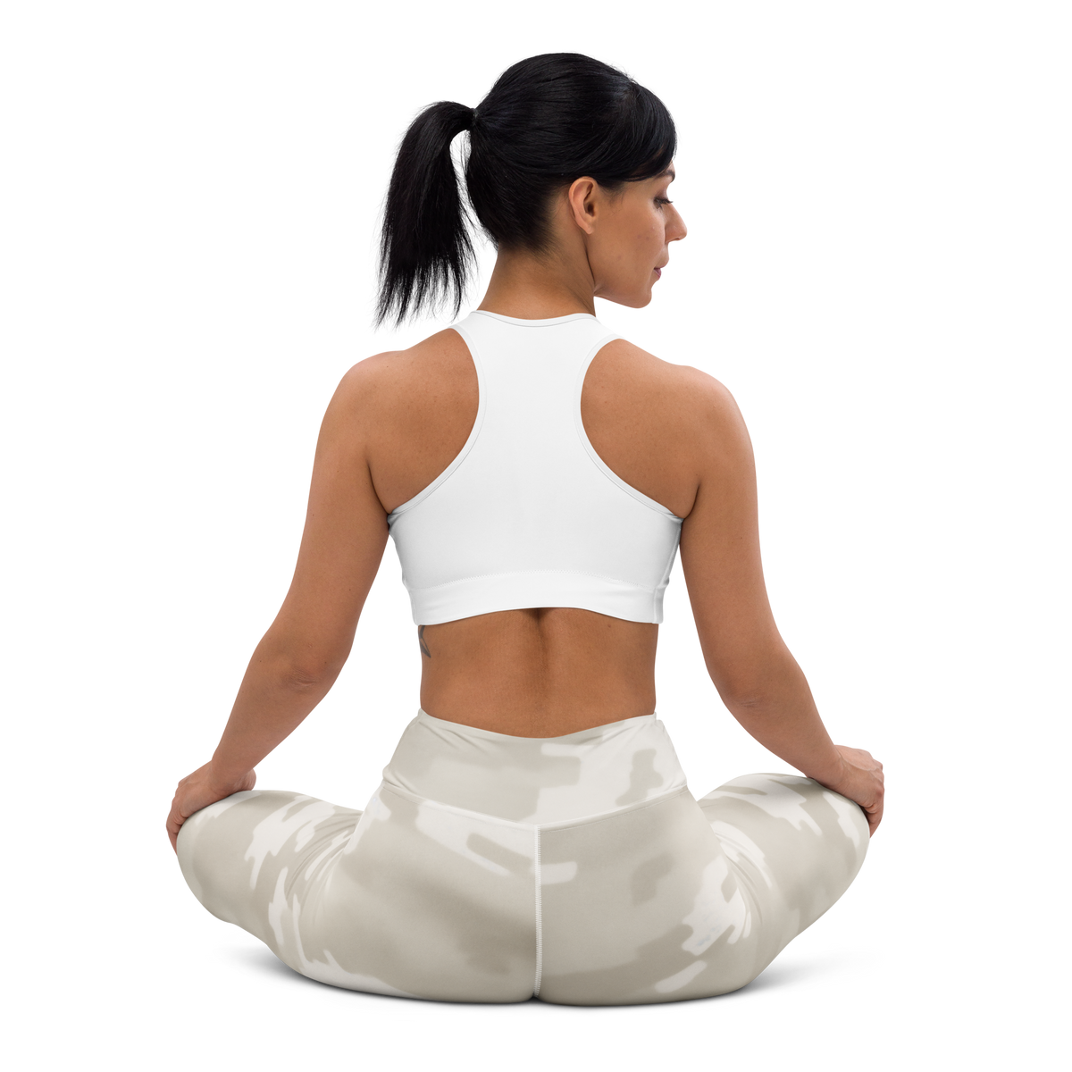 Digosta Beige camouflage high-waisted yoga leggings, seated back view.
