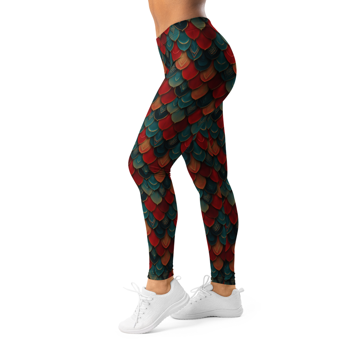 Draco Red mid-rise comfort leggings, left-side view.