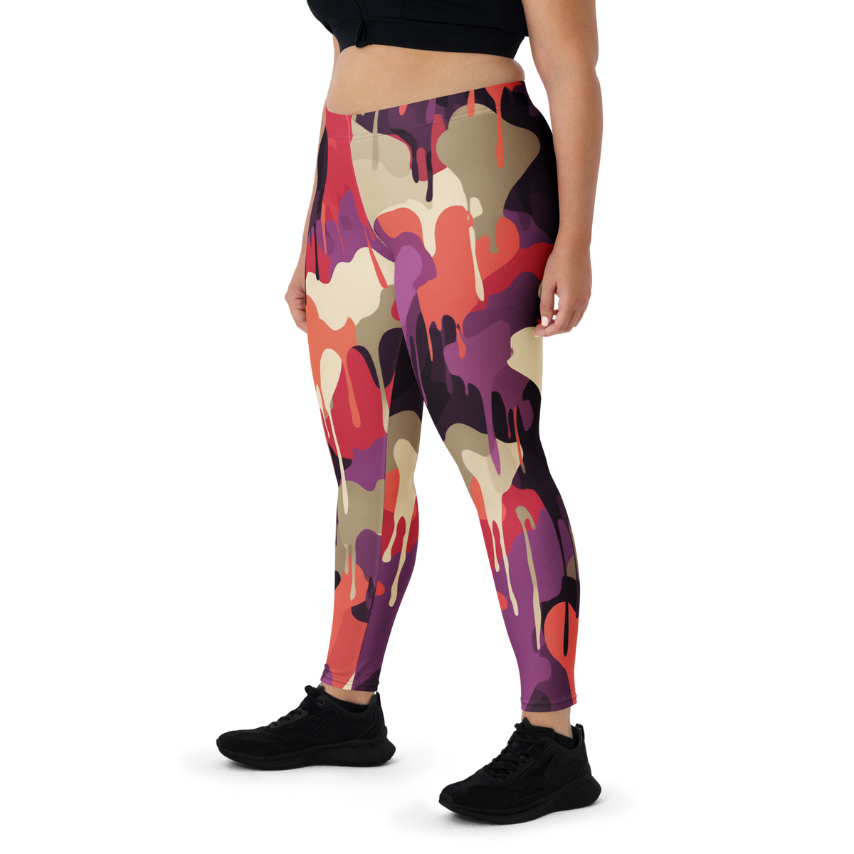 Dripp Burnished Orchid camouflage mid-rise comfort leggings, oversize-fit front view.