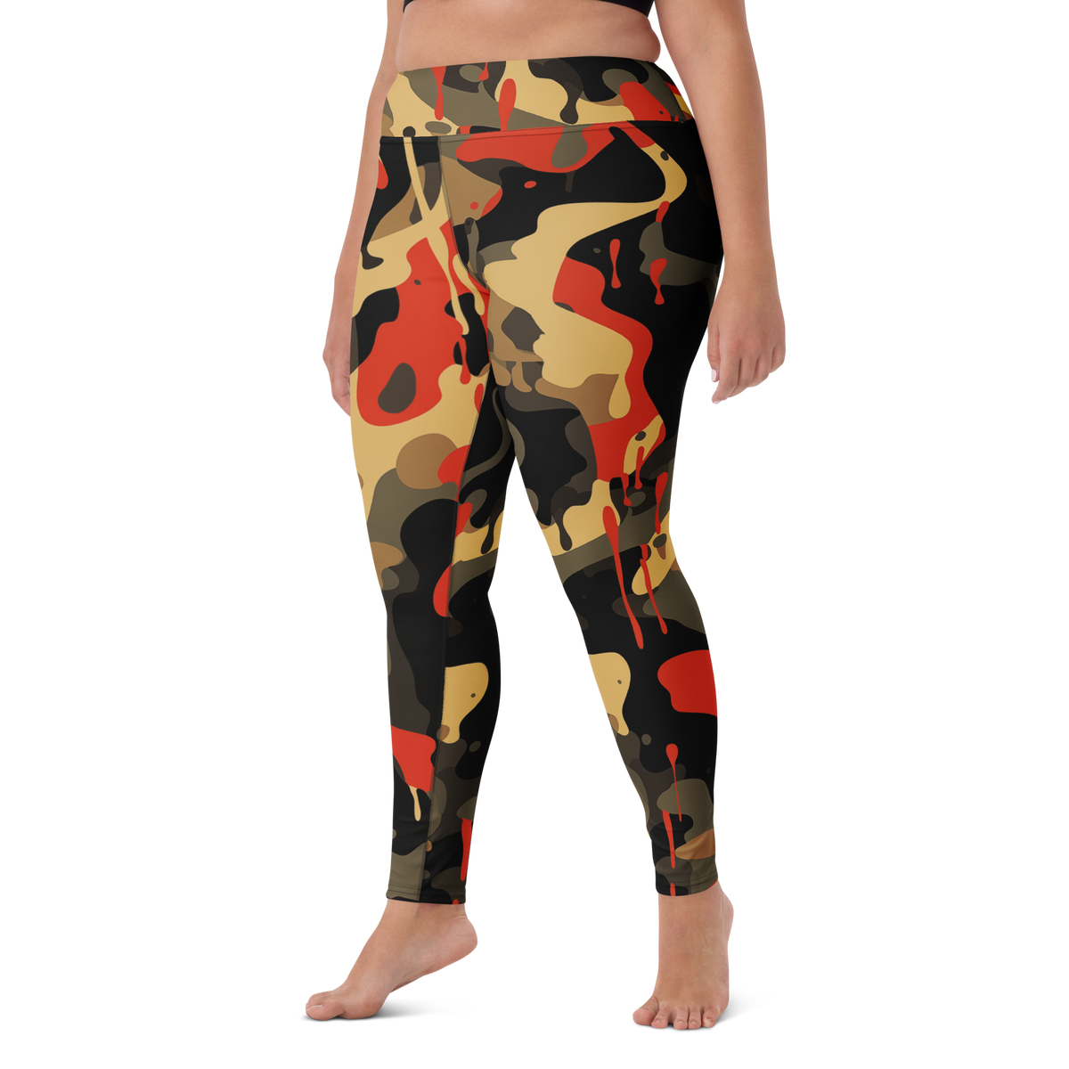 Dripp Scarfhold Palette camouflage high-waisted yoga leggings, larger-model left-front view.