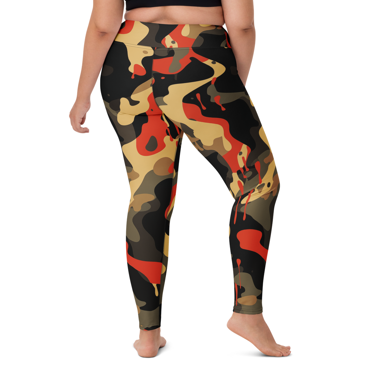 Dripp Scarfhold Palette camouflage high-waisted yoga leggings, larger-model right-back view.