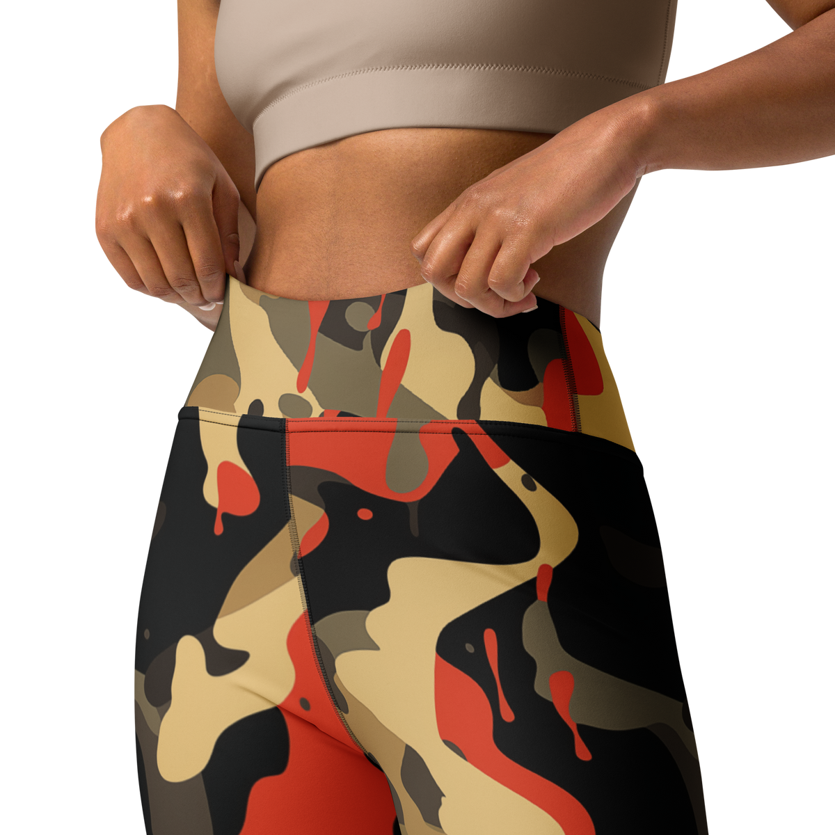 Dripp Scarfhold Palette camouflage high-waisted yoga leggings, waistband and construction detail.