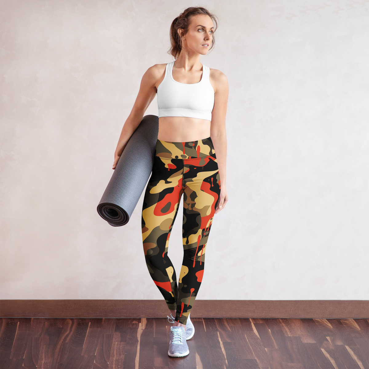 Dripp Scarfhold Palette camouflage high-waisted yoga leggings, yoga lifestyle view.