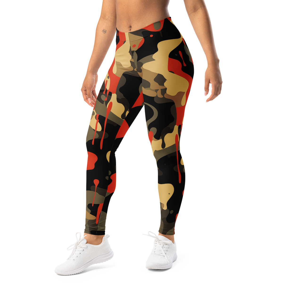 Dripp Scarfhold camouflage mid-rise comfort leggings, left-front view.