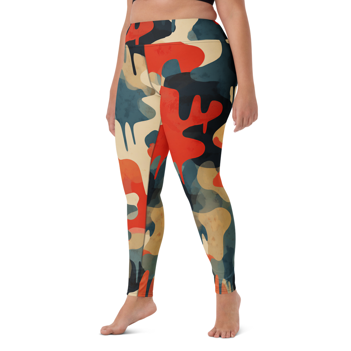 Dripp Tidal Signal camouflage high-waisted yoga leggings, larger-model left-front view.