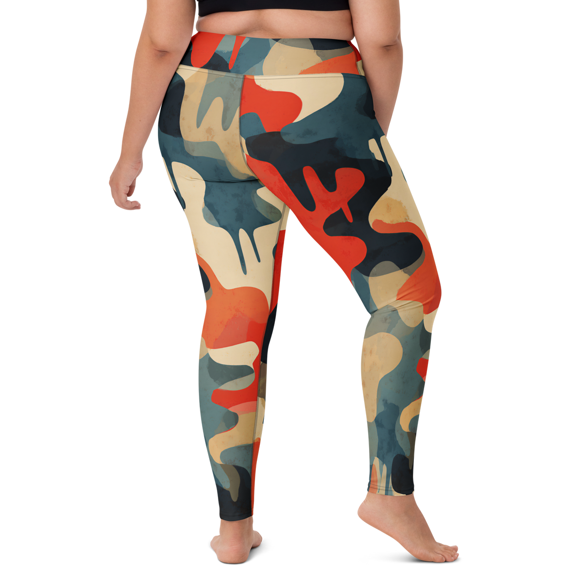 Dripp Tidal Signal camouflage high-waisted yoga leggings, larger-model right-back view.
